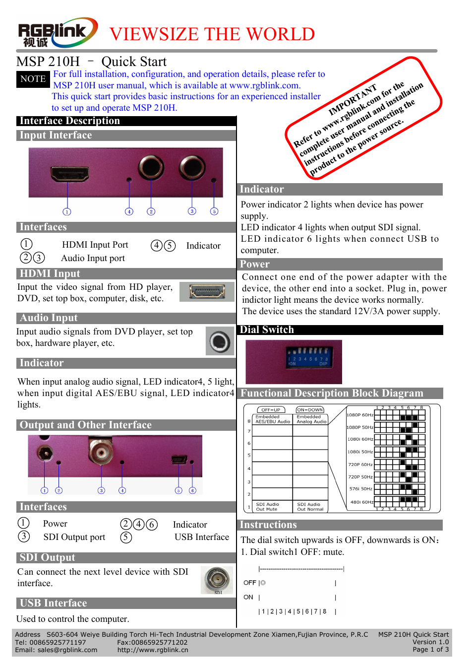 RGBLink MSP 210H Quick Start User Manual | 3 pages