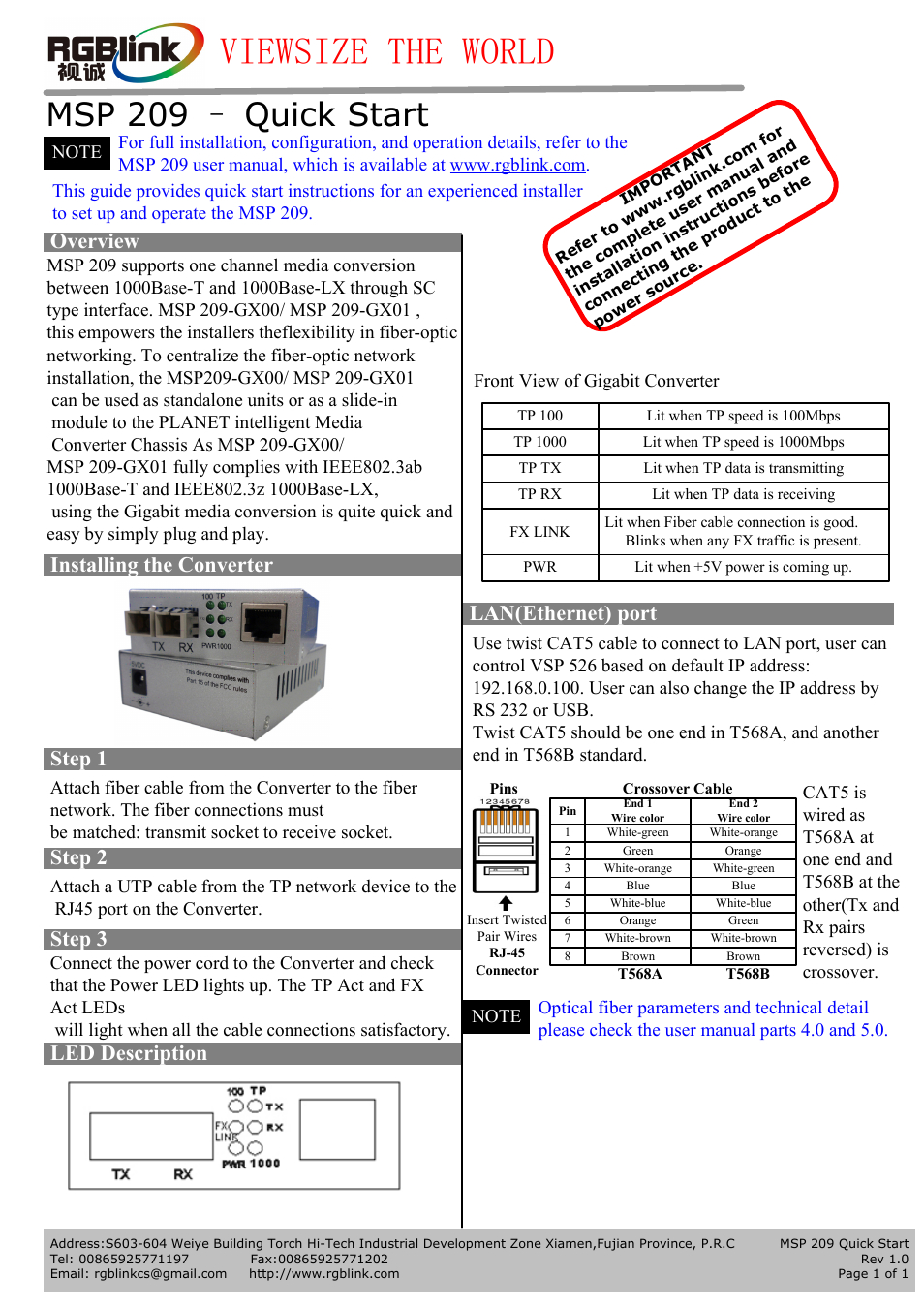 RGBLink MSP 209 Quick Start User Manual | 1 page