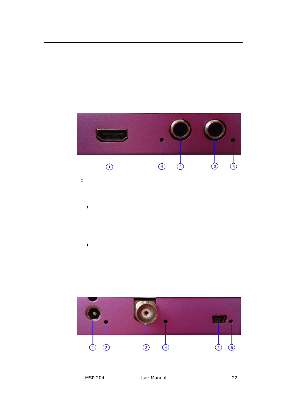 Interface description, Input interface, 1：hdmi input | 3：audio input interface, 5：indicator, Output and other interface, Hardware orientation, 1 ： hdmi input, 3 ： audio input interface, 5 ： indicator | RGBLink MSP 204 User Manual User Manual | Page 22 / 33
