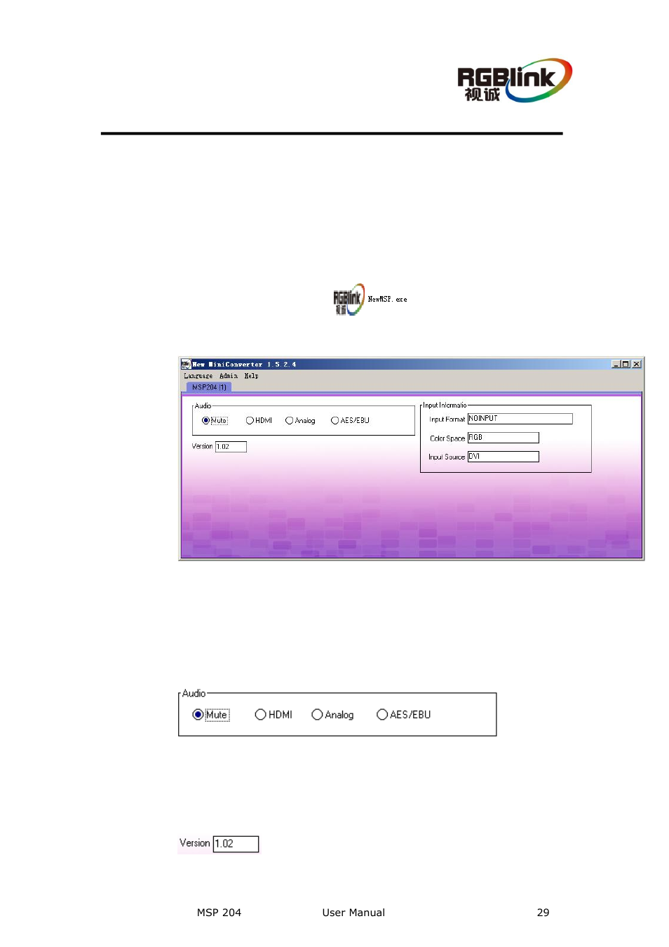 Communication software guideline, Running software, Audio | Version | RGBLink MSP 204 User Manual User Manual | Page 29 / 33