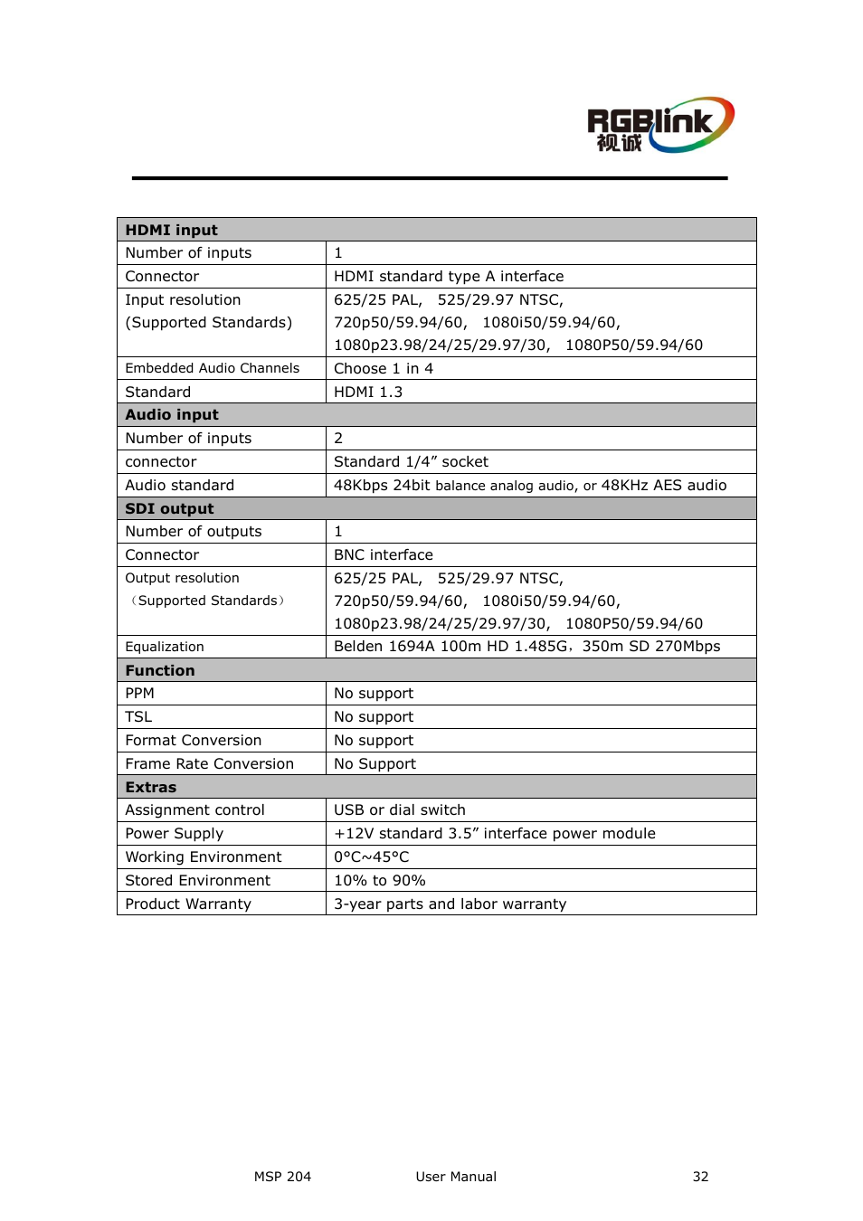 A. specification, Appendix a, Specificatio | RGBLink MSP 204 User Manual User Manual | Page 32 / 33