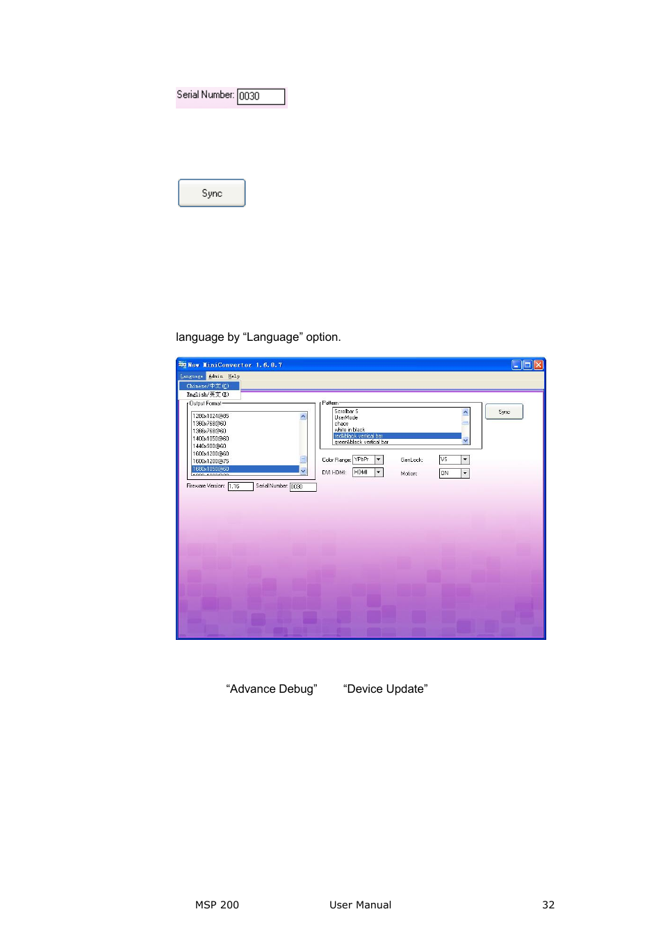 Sync, Video processor] options, Language | Admin | RGBLink MSP 200 User Manual User Manual | Page 32 / 37