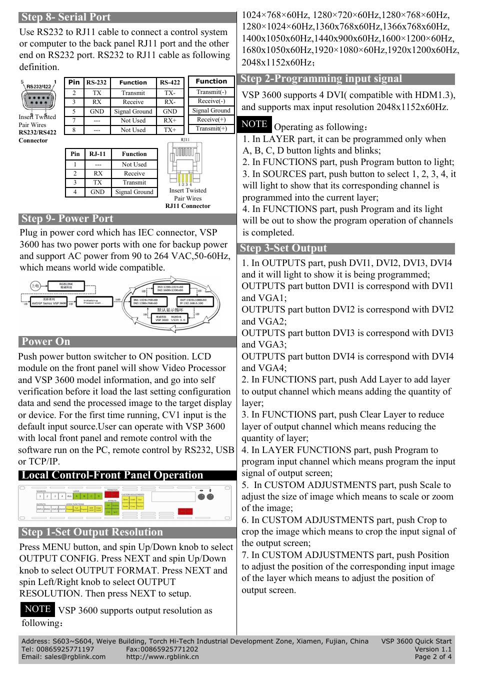Step 9- power port, Step 1-set output resolution, Step 2-programming input signal power on | Local control-front panel operation, Step 3-set output, Step 8- serial port | RGBLink VSP 3600 Quick Start User Manual | Page 2 / 4