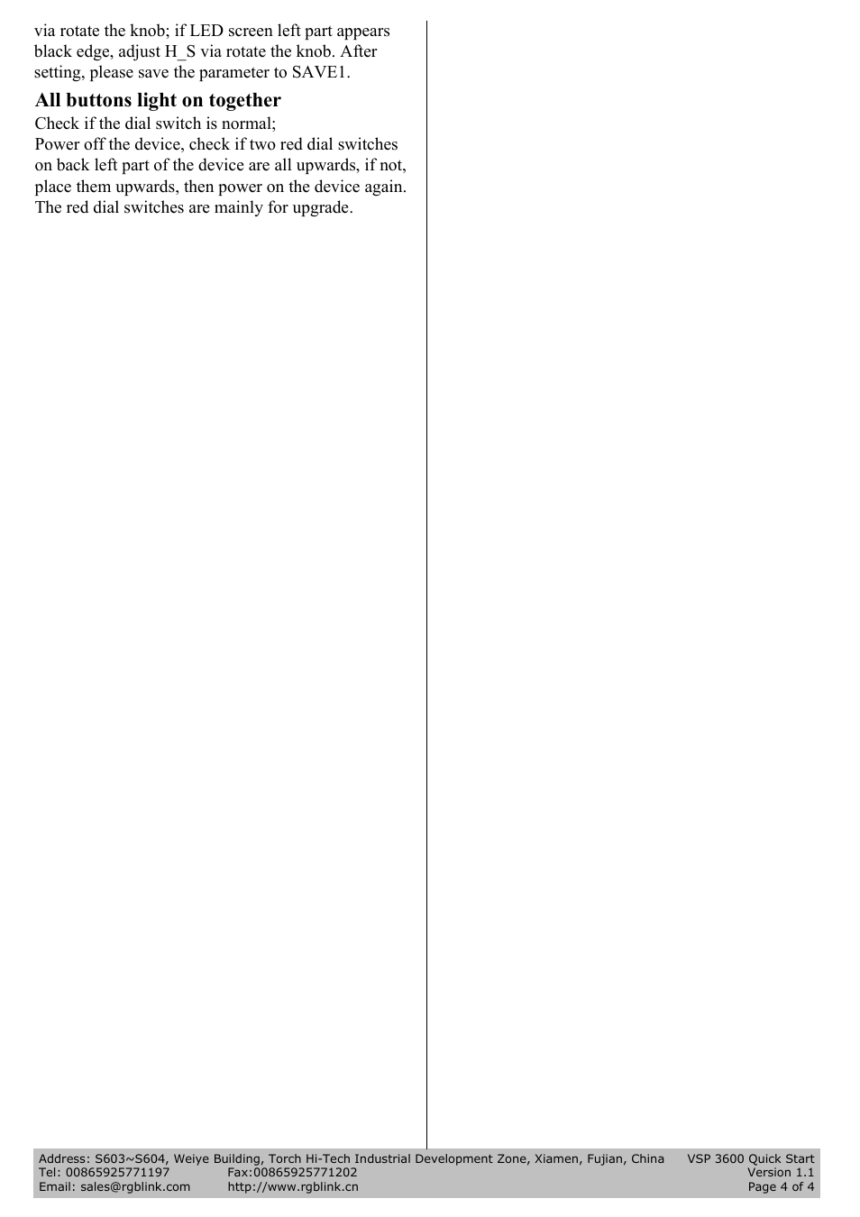 All buttons light on together | RGBLink VSP 3600 Quick Start User Manual | Page 4 / 4