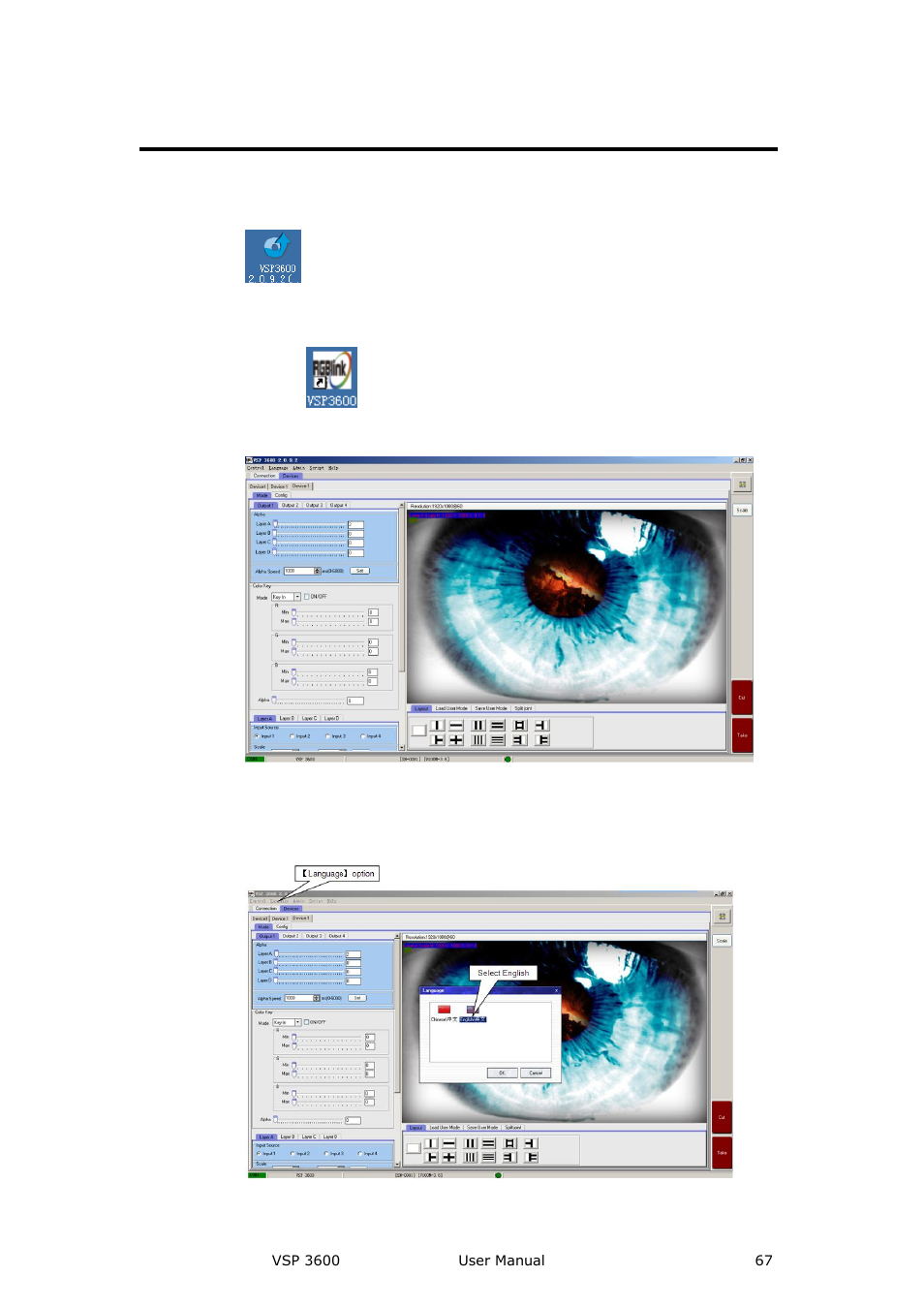 Run software, Language selection, Communication software guideline | RGBLink VSP 3600 User Manual User Manual | Page 67 / 133