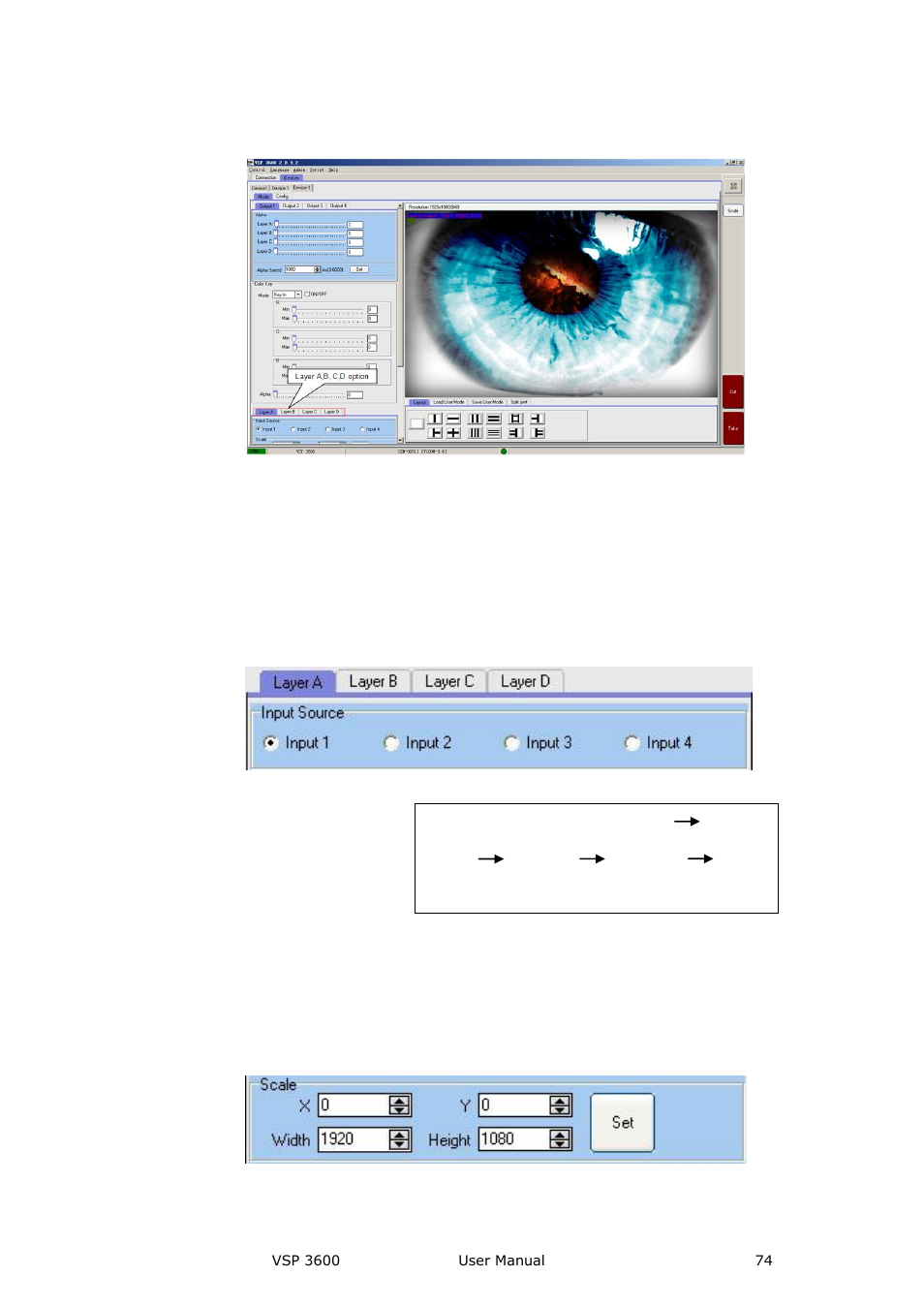 Input port settings, Scale settings, Communication software guideline | RGBLink VSP 3600 User Manual User Manual | Page 74 / 133