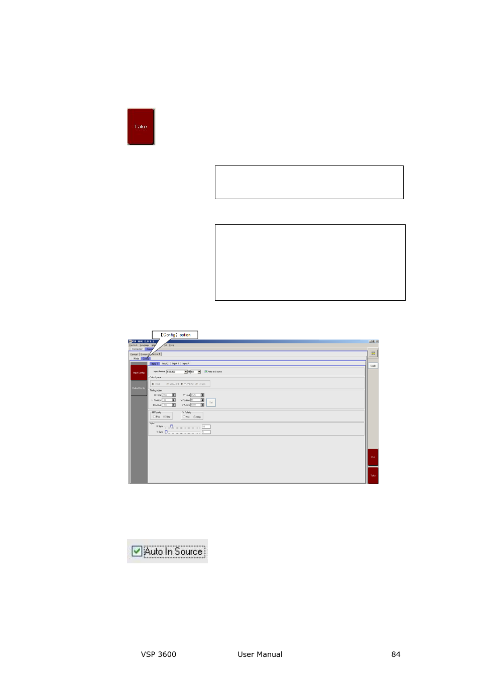 Take, Input config, Communication software guideline | Config mode | RGBLink VSP 3600 User Manual User Manual | Page 84 / 133