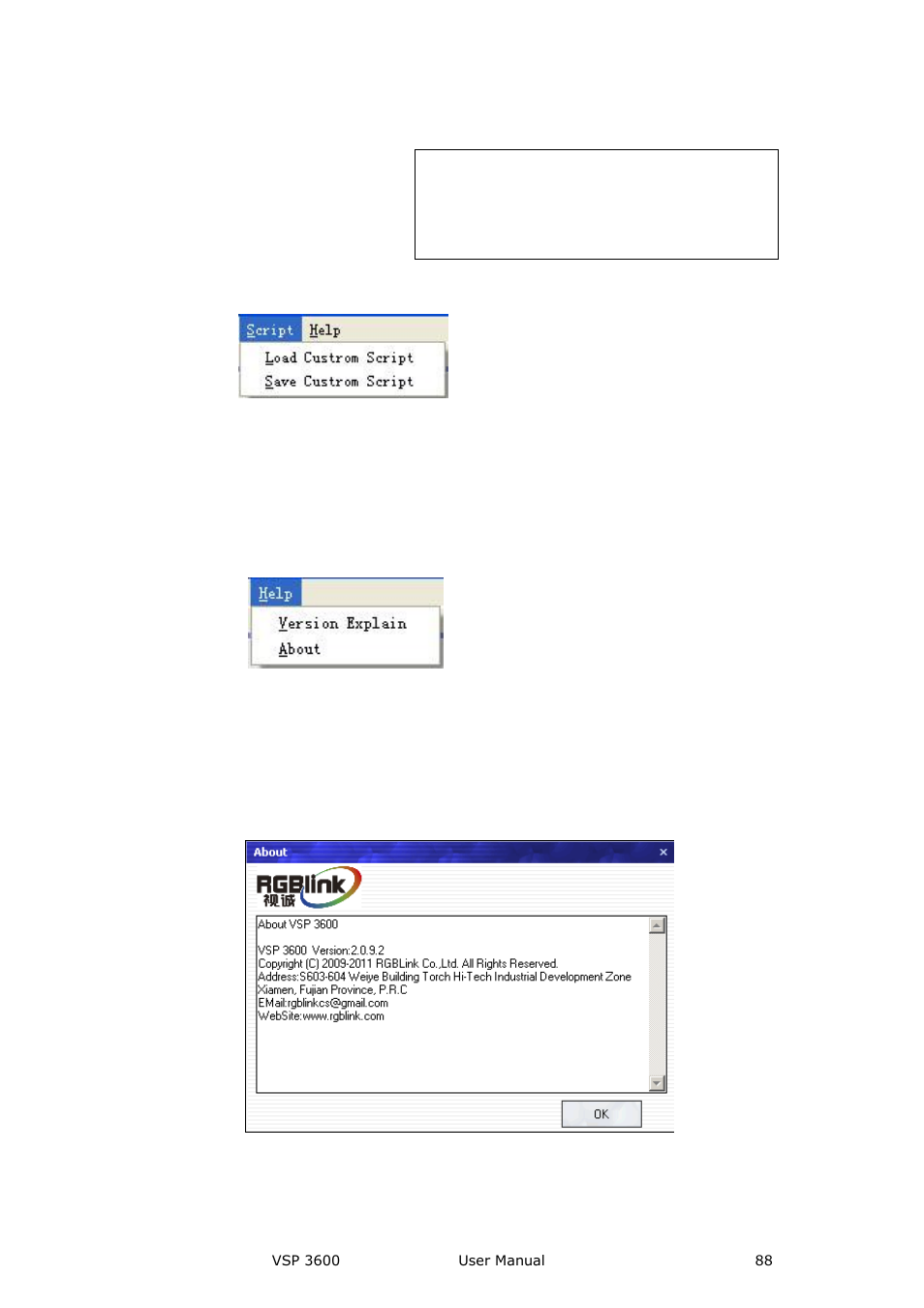 Script, Load customer script, Save customer script | Version explain, About, Image display toolbar, Communication software guideline | RGBLink VSP 3600 User Manual User Manual | Page 88 / 133