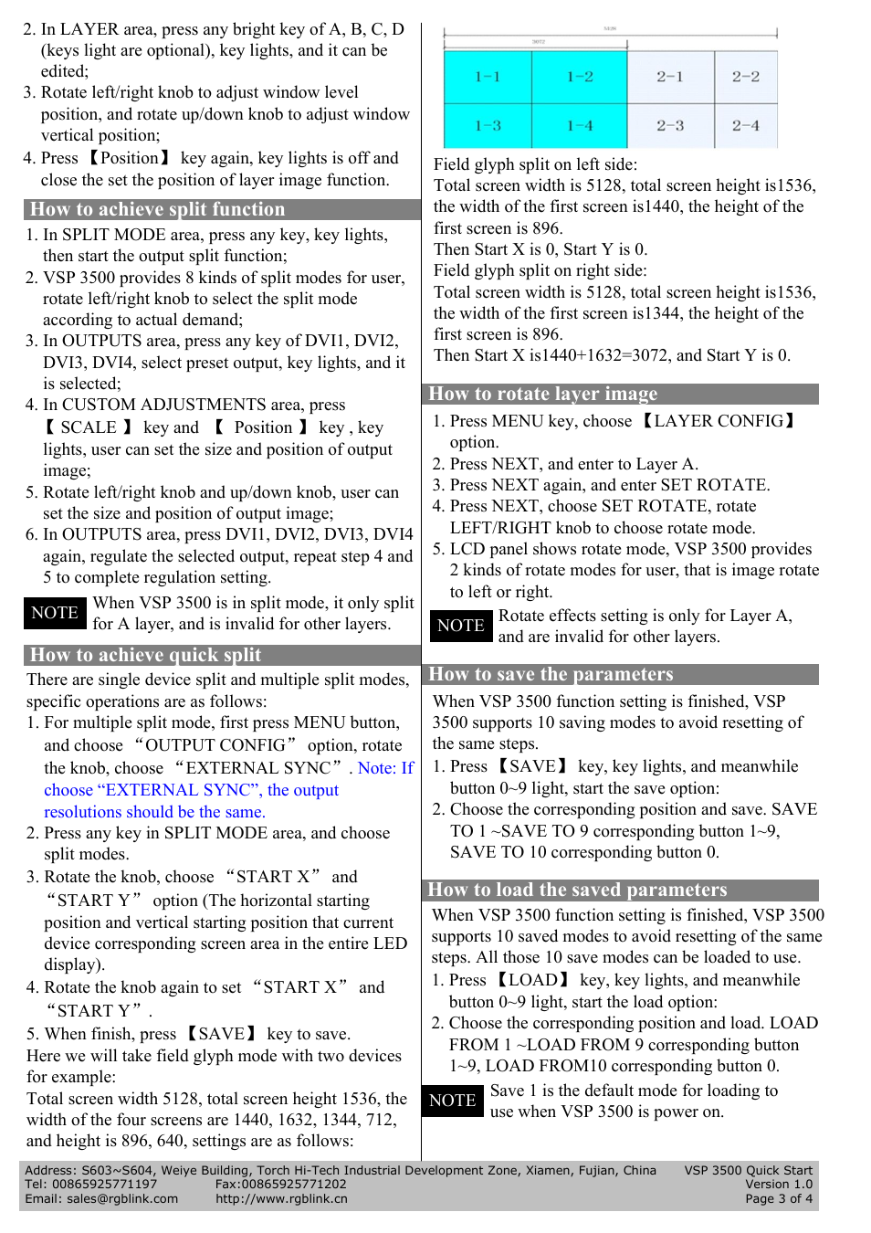 How to save the parameters, How to load the saved parameters, How to achieve split function | How to rotate layer image, How to achieve quick split | RGBLink VSP 3500 Quick Start User Manual | Page 3 / 4