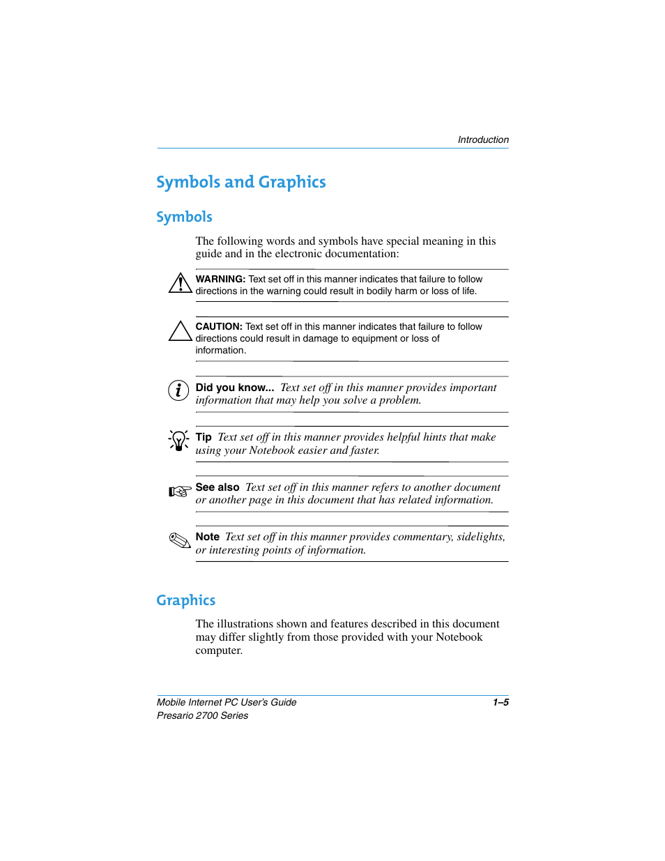 Symbols and graphics, Symbols, Graphics | Symbols and graphics –5, Symbols –5 graphics –5 | Compaq PRESARIO 2700 User Manual | Page 11 / 136