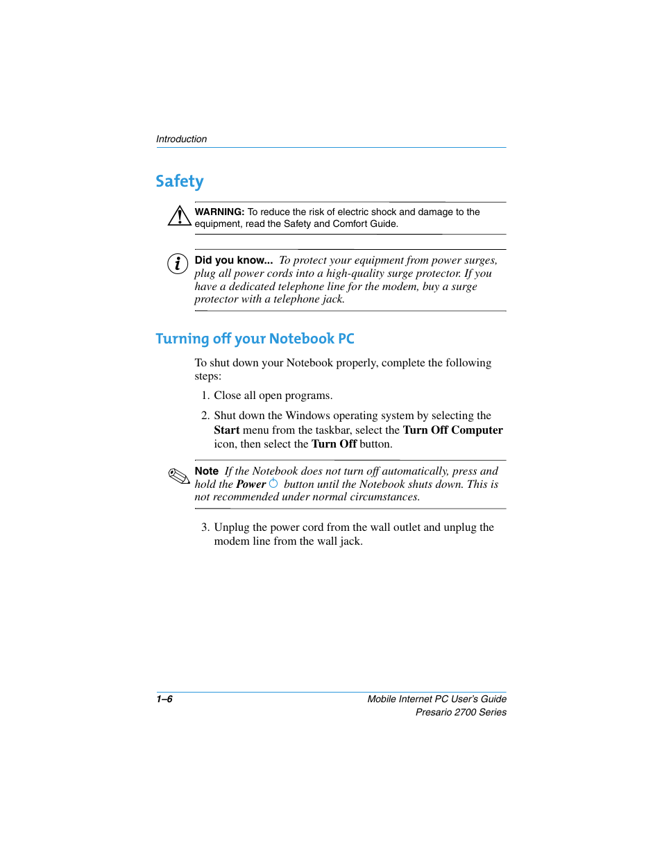 Safety, Turning off your notebook pc, Safety –6 | Turning off your notebook pc –6 | Compaq PRESARIO 2700 User Manual | Page 12 / 136