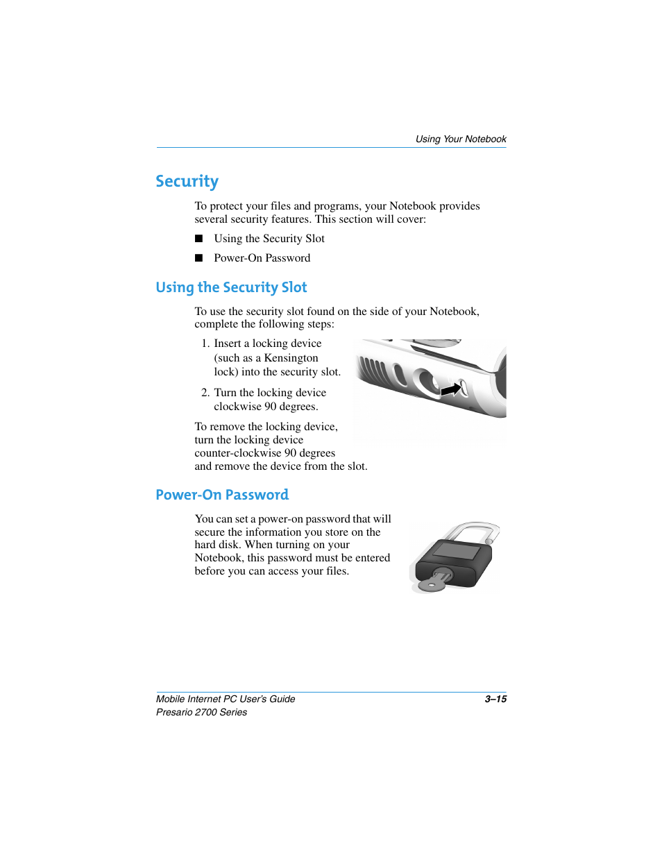 Security, Using the security slot, Power-on password | Security –15, Using the security slot –15 power-on password –15, Security, 3-15 | Compaq PRESARIO 2700 User Manual | Page 38 / 136