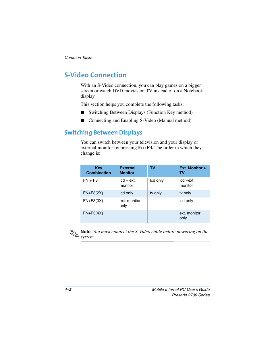 S-video connection, Switching between displays, S-video connection –2 | Switching between displays –2 | Compaq PRESARIO 2700 User Manual | Page 42 / 136