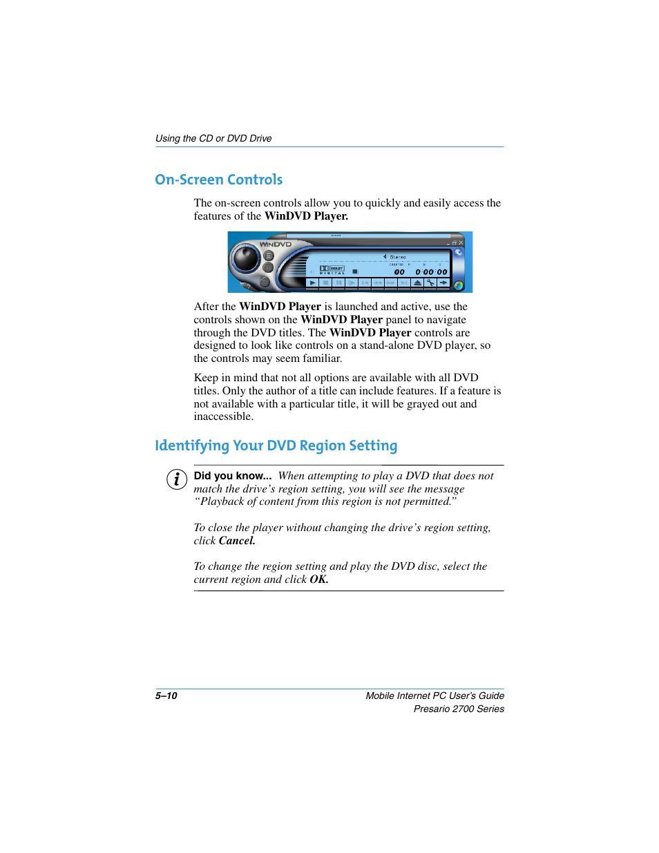 On-screen controls, Identifying your dvd region setting | Compaq PRESARIO 2700 User Manual | Page 64 / 136