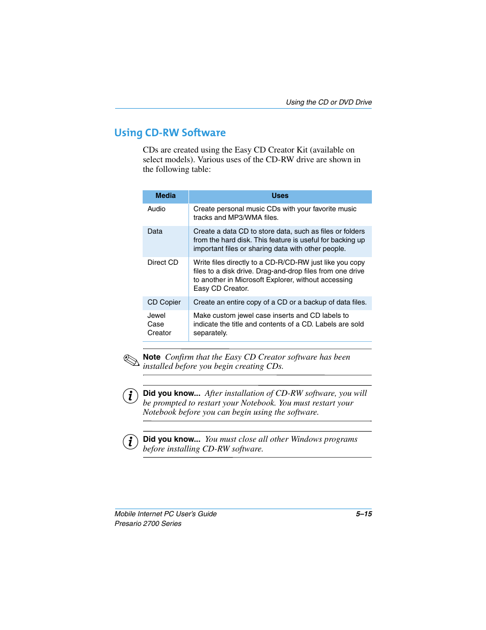 Using cd-rw software, Using cd-rw software –15 | Compaq PRESARIO 2700 User Manual | Page 69 / 136