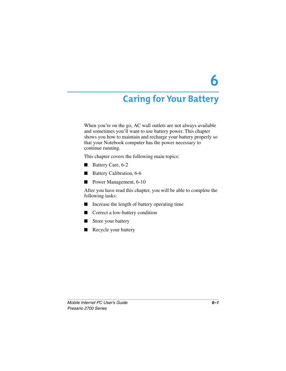 Caring for your battery | Compaq PRESARIO 2700 User Manual | Page 71 / 136