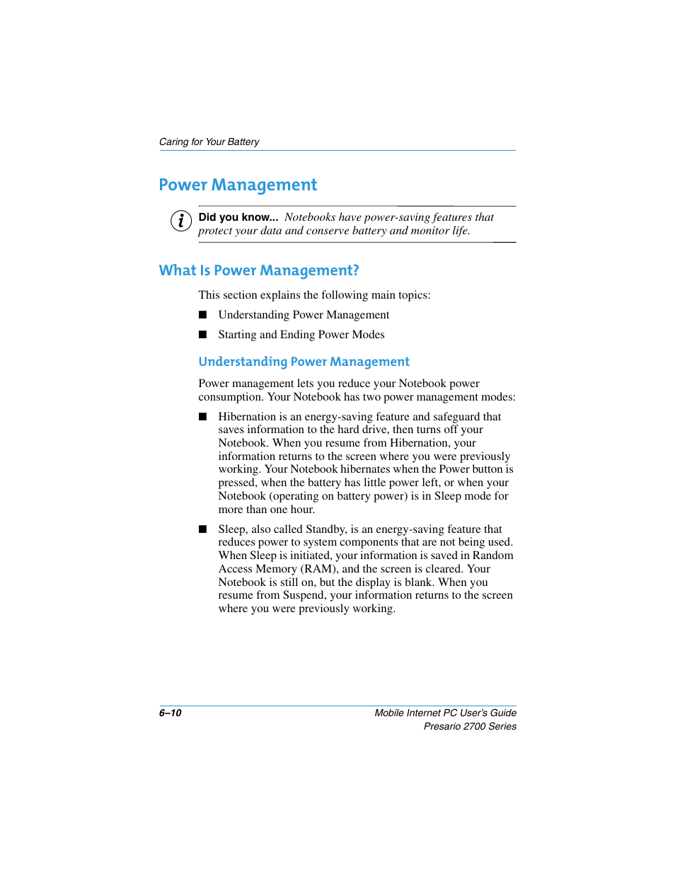 Power management, What is power management, Power management –10 | What is power management? –10 | Compaq PRESARIO 2700 User Manual | Page 80 / 136