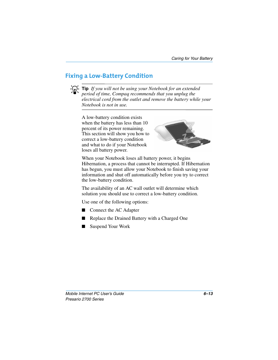 Fixing a low-battery condition, Fixing a low-battery condition –13 | Compaq PRESARIO 2700 User Manual | Page 83 / 136