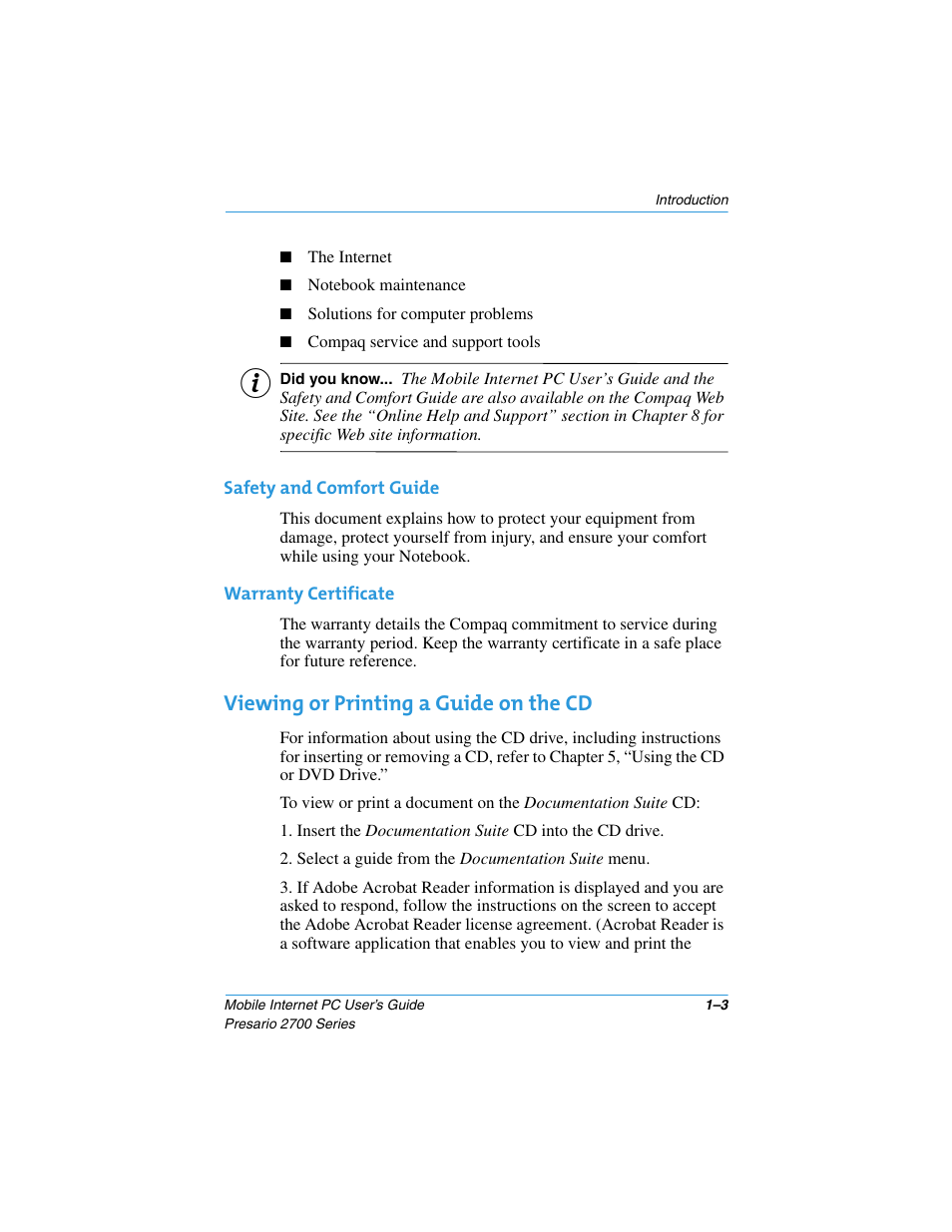 Viewing or printing a guide on the cd, Viewing or printing a guide on the cd –3 | Compaq PRESARIO 2700 User Manual | Page 9 / 136