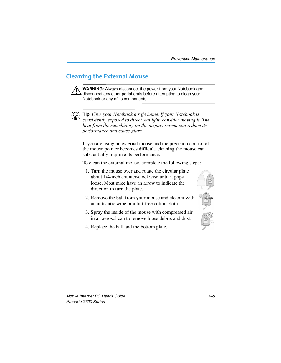 Cleaning the external mouse, Cleaning the external mouse –5 | Compaq PRESARIO 2700 User Manual | Page 90 / 136