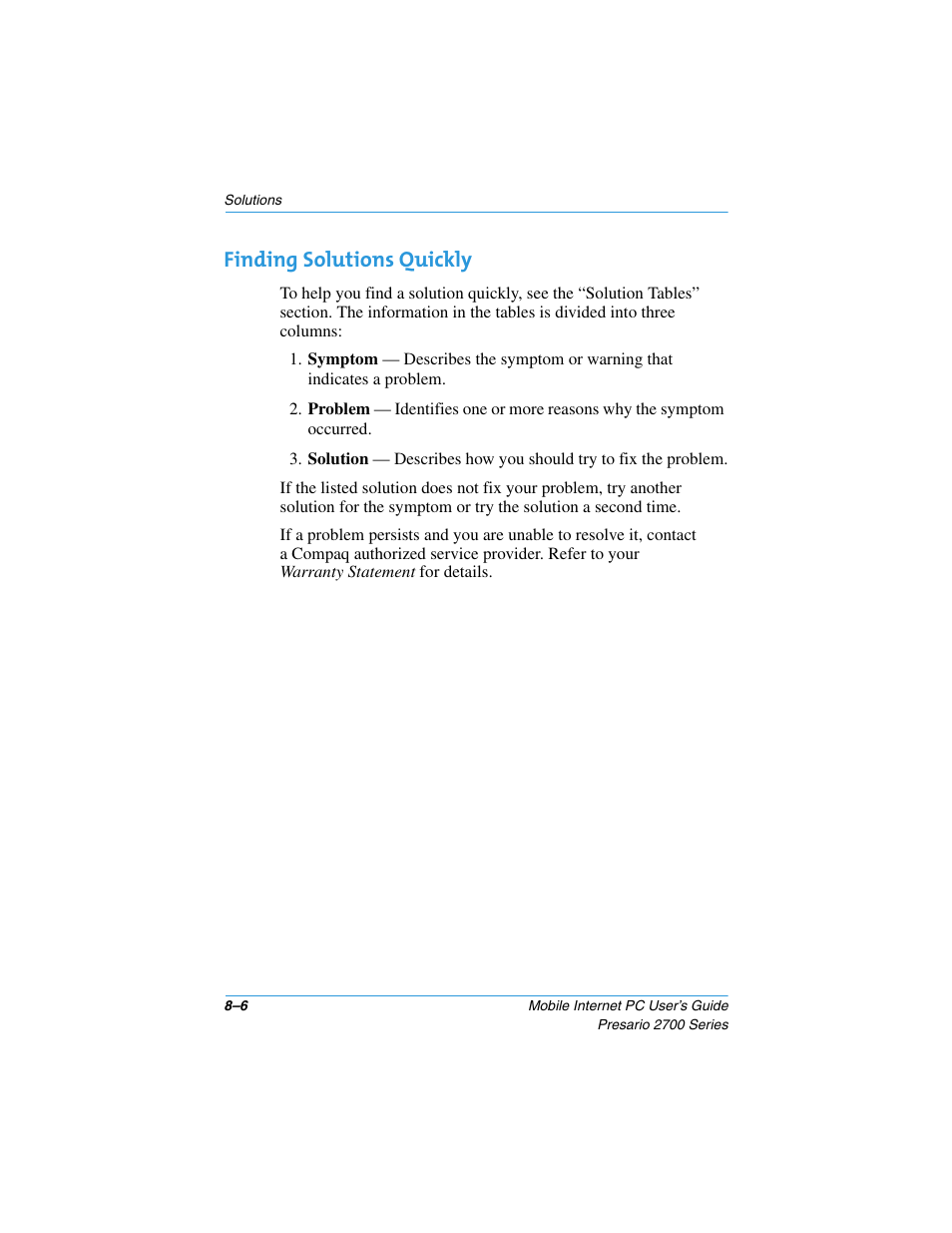 Finding solutions quickly, Finding solutions quickly –6 | Compaq PRESARIO 2700 User Manual | Page 98 / 136