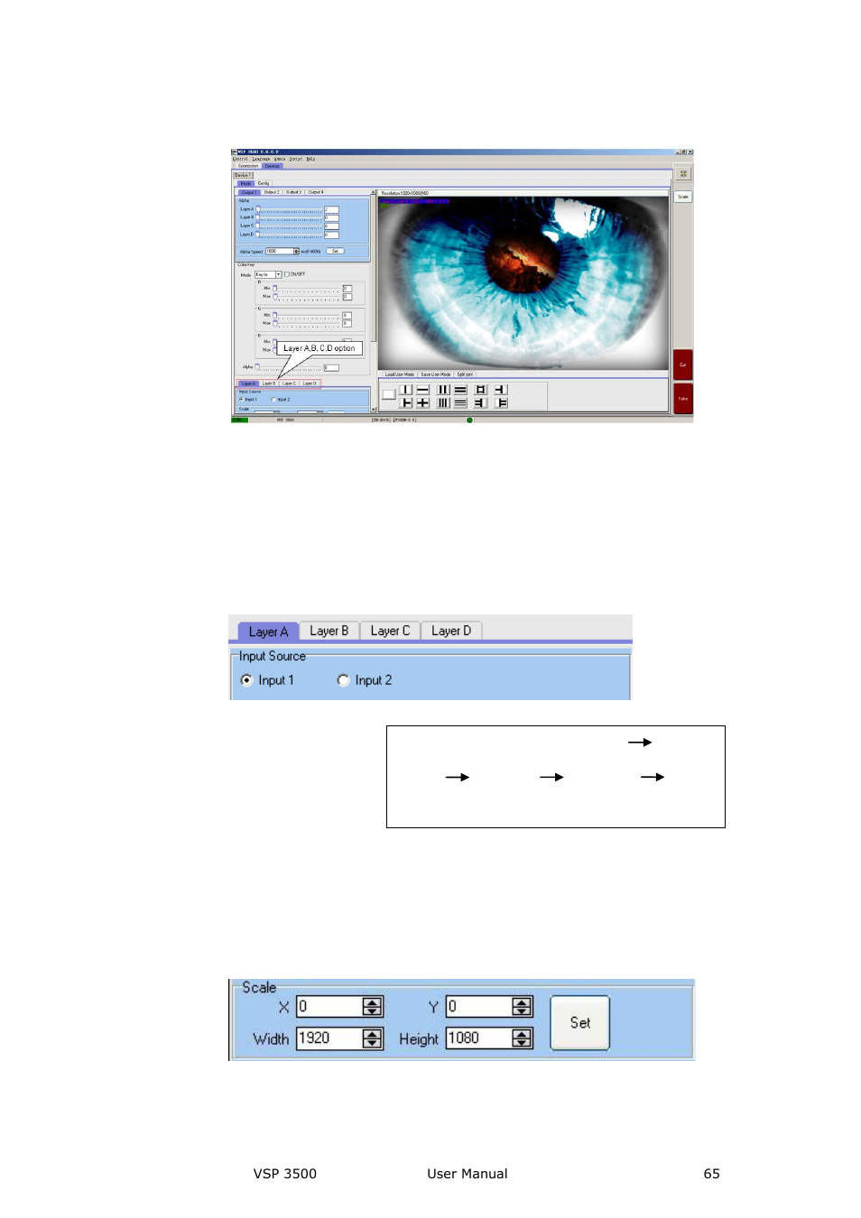 Input port settings, Scale settings, Communication software guideline | RGBLink VSP 3500 User Manual User Manual | Page 65 / 112