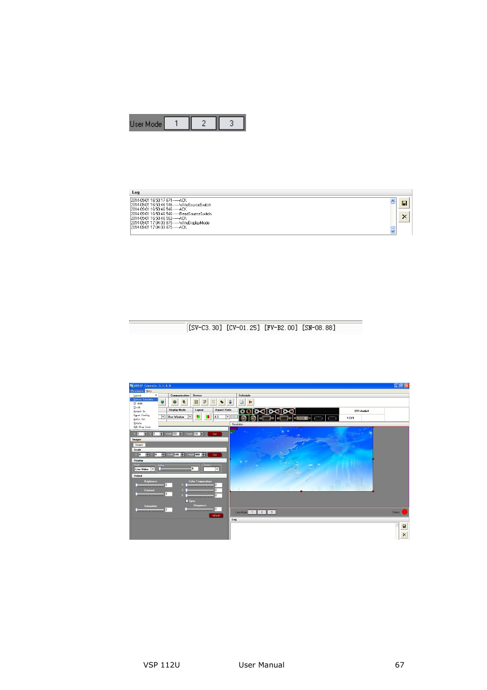 User mode toolbar, Log toolbar, Information toolbar | Video processor] options, Communication software guideline | RGBLink VSP 112U User Manual | Page 67 / 108