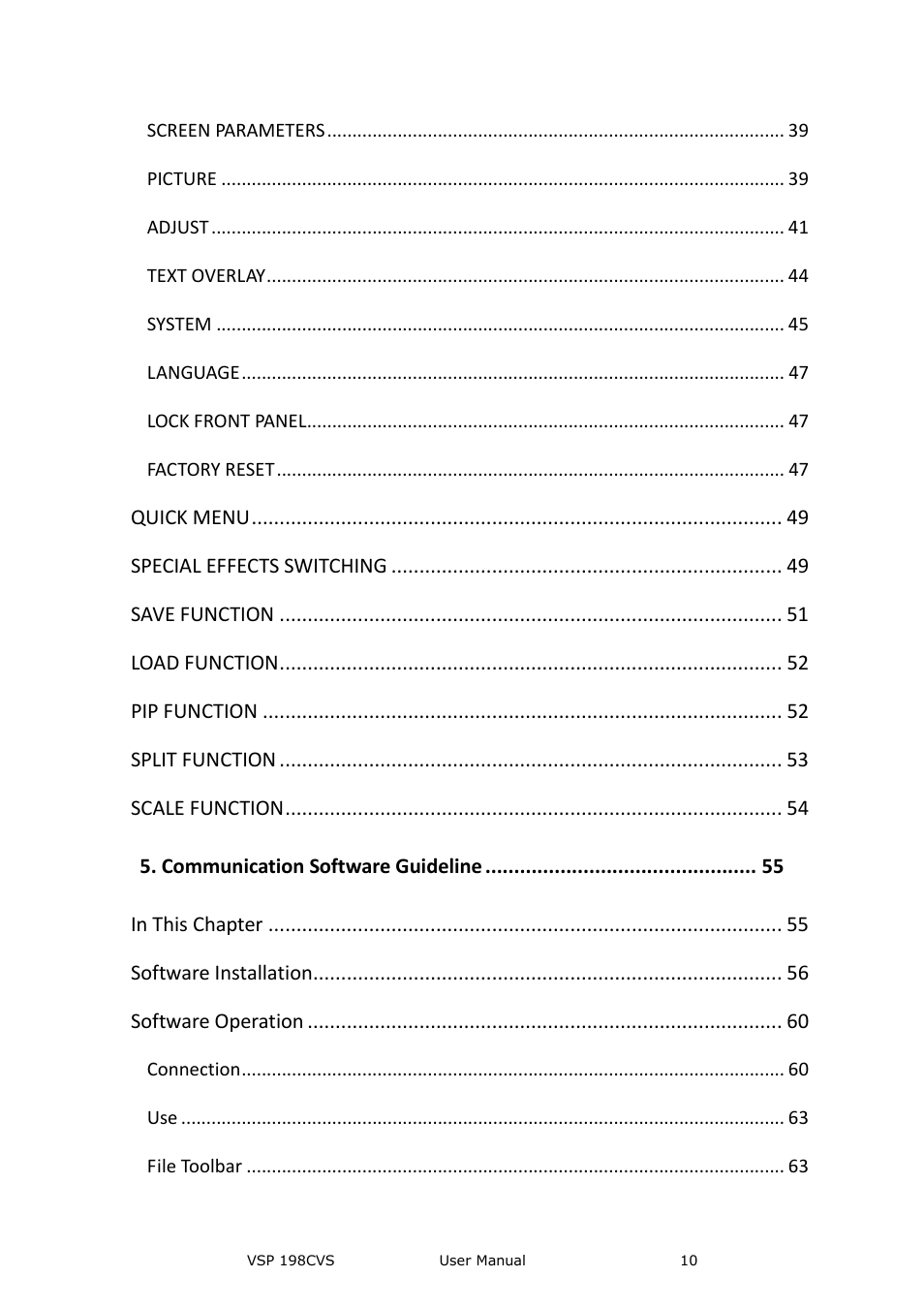Quick menu, Special effects switching, Save function | Load function, Pip function, Split function, Scale function, Communication software guideline, Software installation, Software operation | RGBLink VSP 198CVS User Manual User Manual | Page 10 / 122