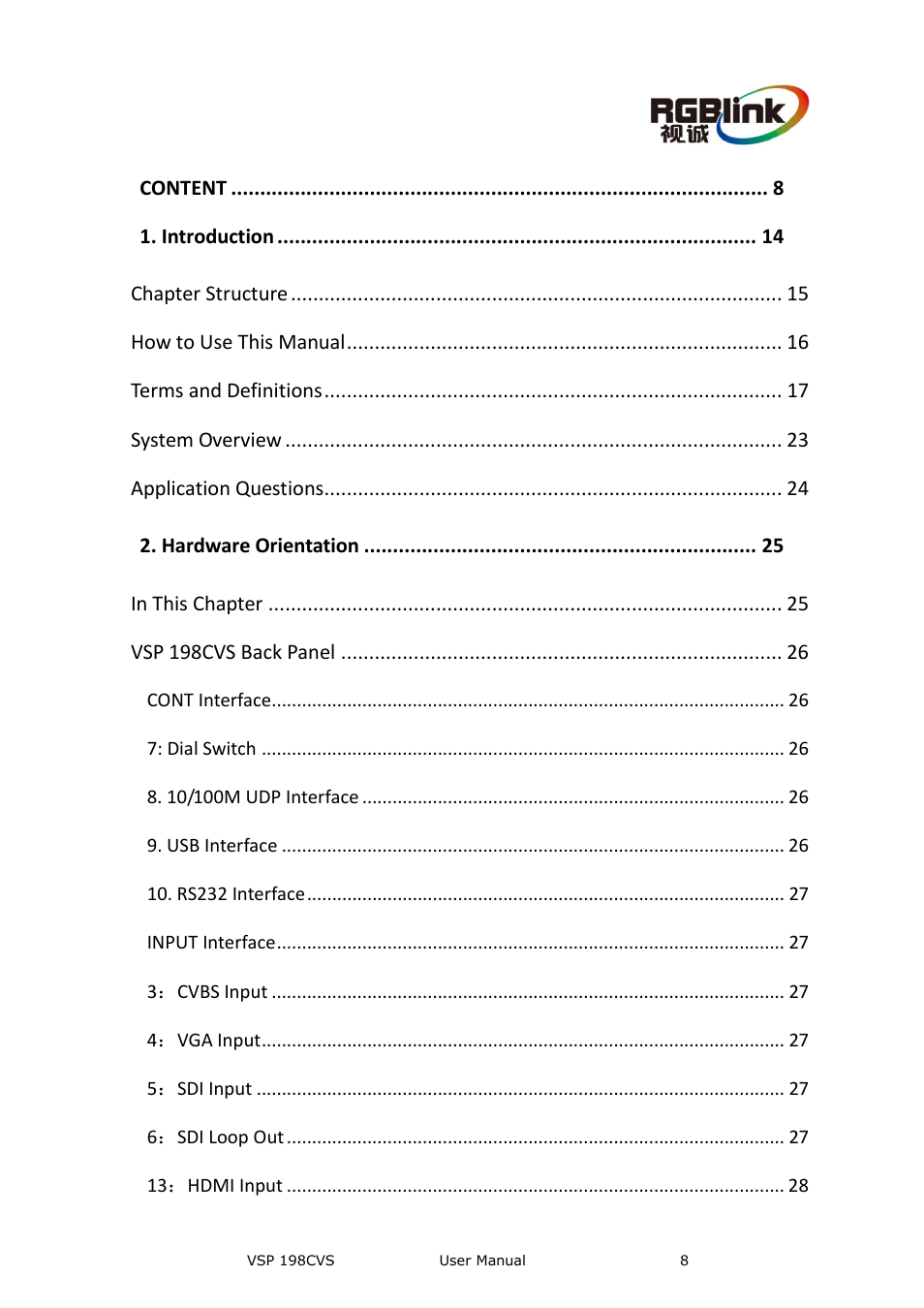 Content | RGBLink VSP 198CVS User Manual User Manual | Page 8 / 122
