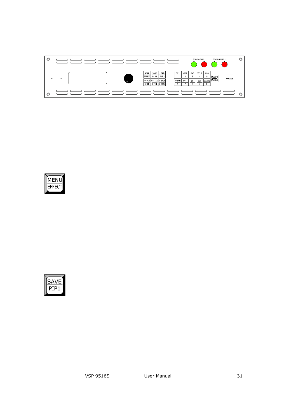 Oled panel, Led sending card indicator, Menu buttons | Hardware orientation | RGBLink VSP 9516S User Manual User Manual | Page 31 / 131