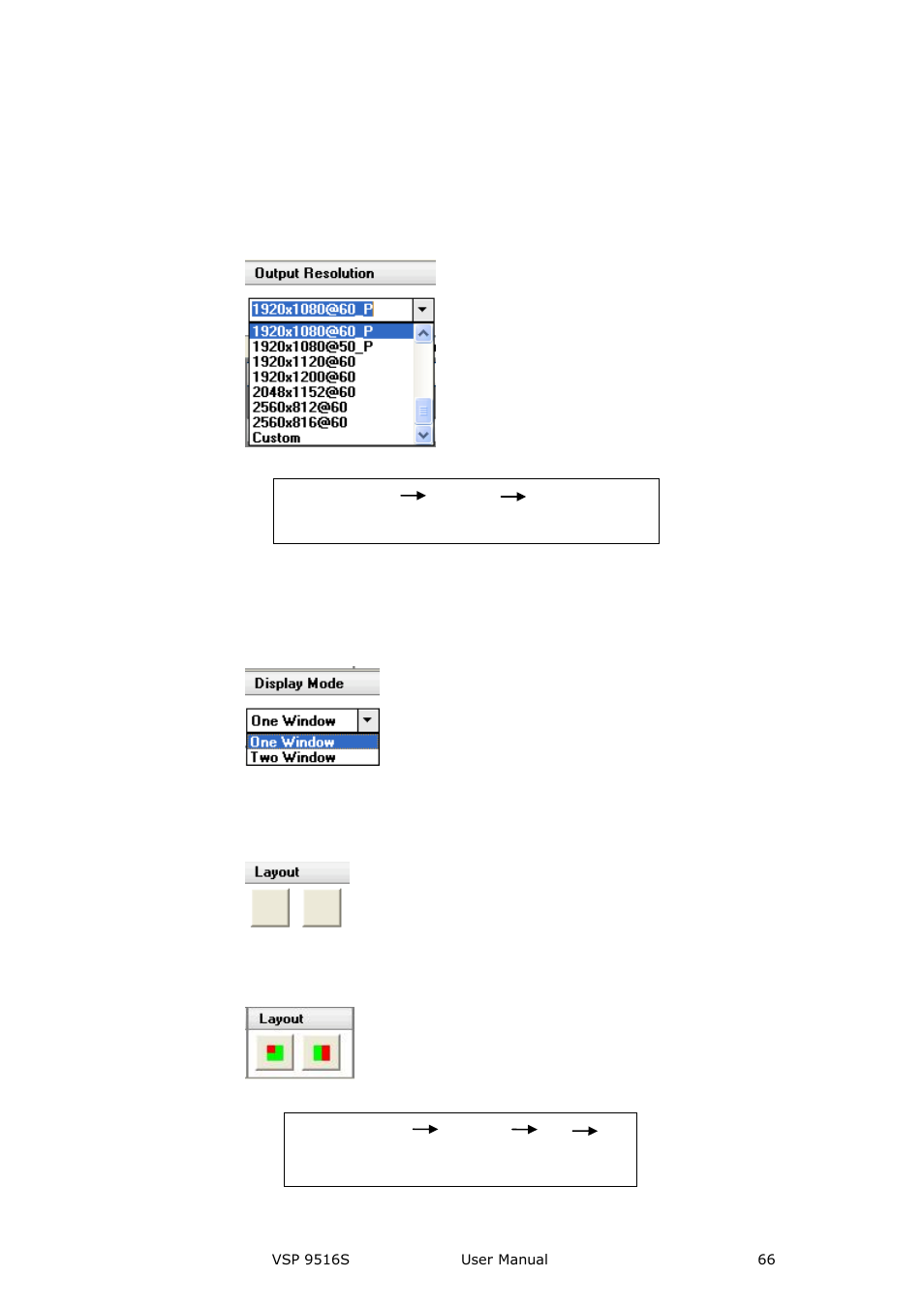 Output resolution toolbar, Images display mode toolbar, Layout toolbar | Communication software guideline | RGBLink VSP 9516S User Manual User Manual | Page 66 / 131