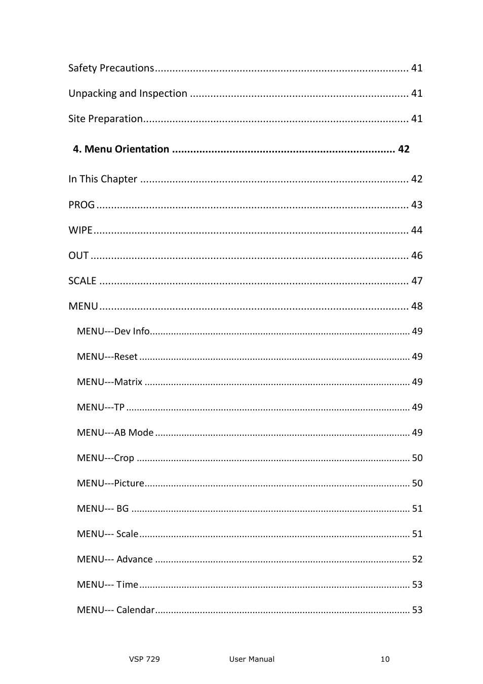 Safety precautions, Unpacking and inspection, Site preparation | Menu orientation, Prog, Wipe, Scale, Menu | RGBLink VSP 729 User Manual | Page 10 / 102