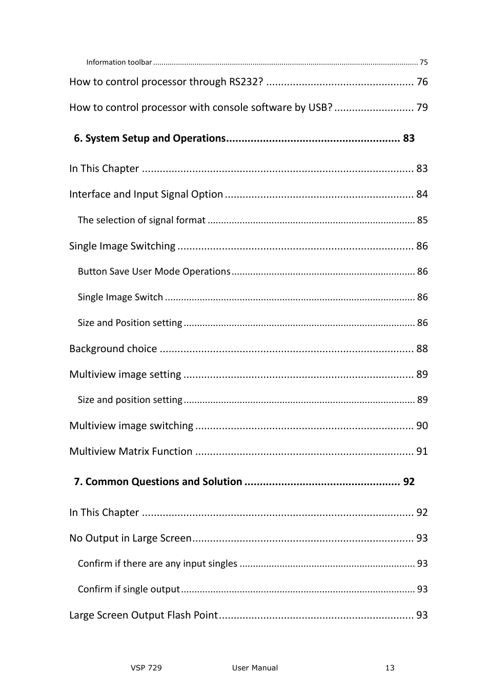 How to control processor through rs232, System setup and operations, Interface and input signal option | Single image switching, Background choice, Multiview image setting, Multiview image switching, Multiview matrix function, Common questions and solution, No output in large screen | RGBLink VSP 729 User Manual | Page 13 / 102