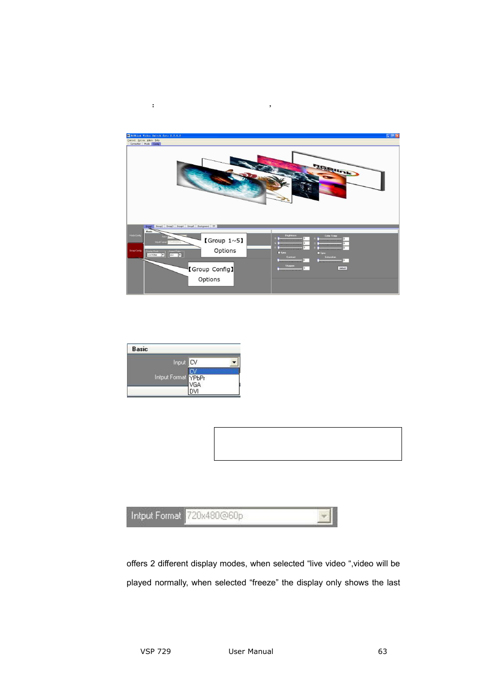 Input setting, Input source choice, Input resolution | Display mode, Communication software guideline | RGBLink VSP 729 User Manual | Page 63 / 102