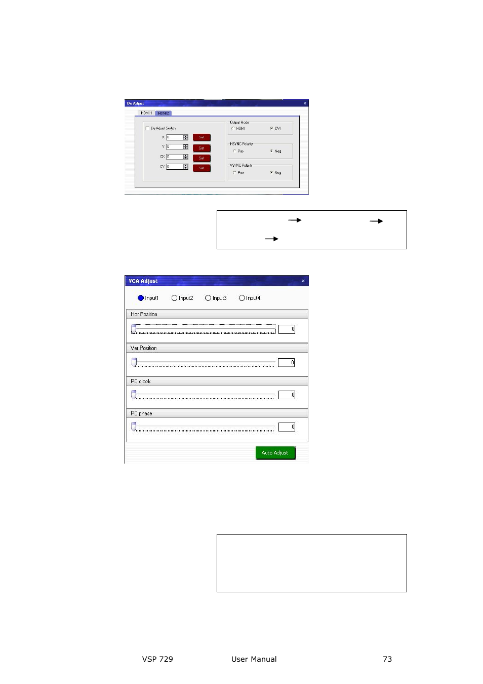 Dvi de delay, Vga input adjust, Communication software guideline | RGBLink VSP 729 User Manual | Page 73 / 102