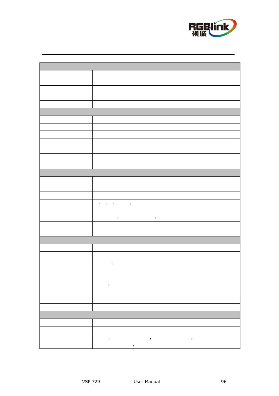 A.specification, Appendix a specification, A. specification | RGBLink VSP 729 User Manual | Page 96 / 102
