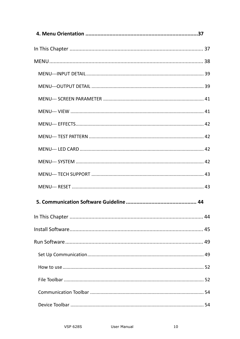 Menu orientation, Menu, Communication software guideline | Install software, Run software | RGBLink VSP 628S User Manual User Manual | Page 10 / 125