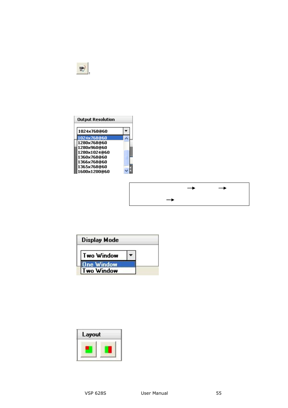 Help toolbar, Output resolution toolbar, Display mode toolbar | Layout toolbar, Communication software guideline | RGBLink VSP 628S User Manual User Manual | Page 55 / 125