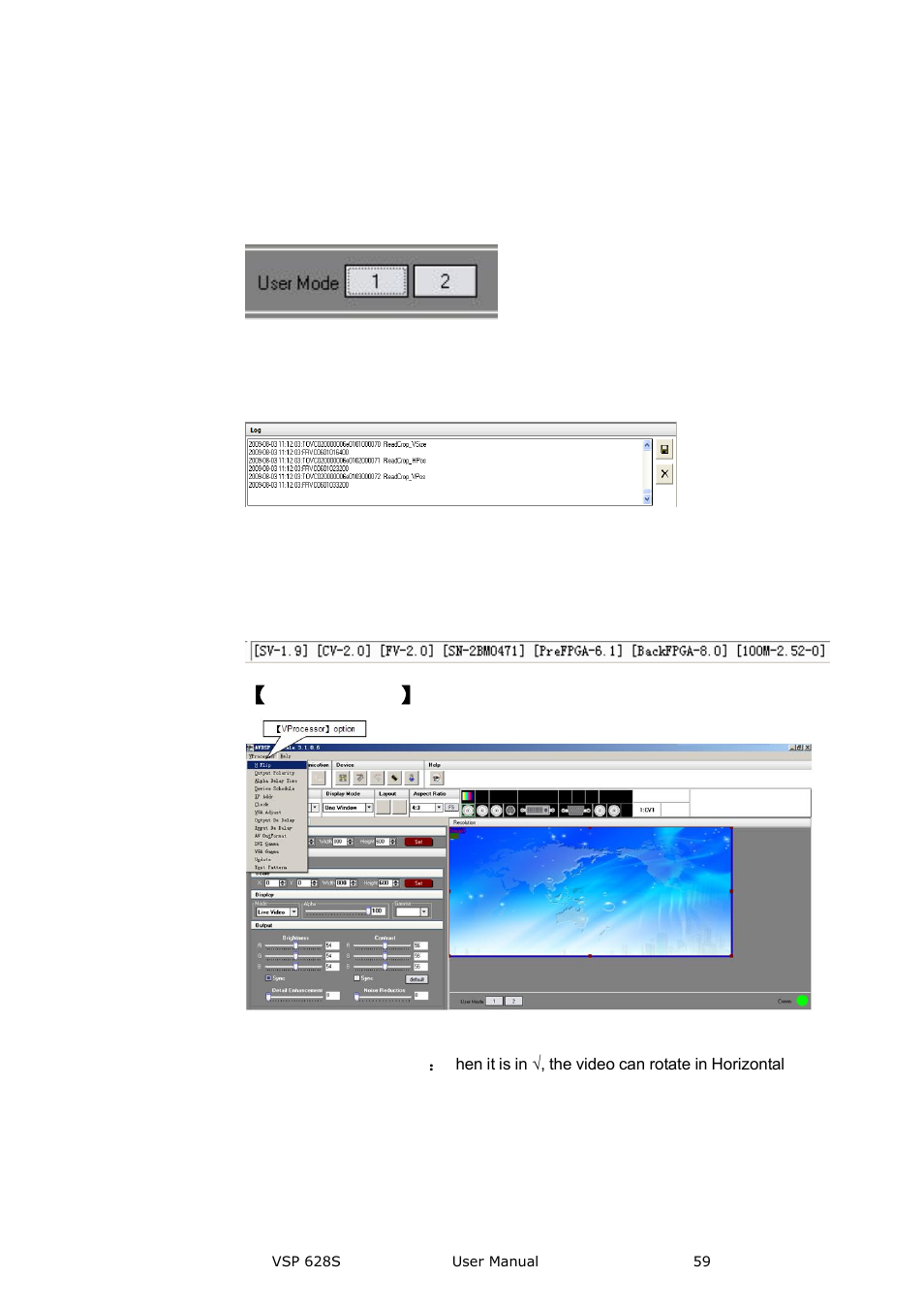 User mode toolbar, Log toolbar, Information toolbar | Vprocessor 】options, Communication software guideline, Vprocessor 】 options | RGBLink VSP 628S User Manual User Manual | Page 59 / 125