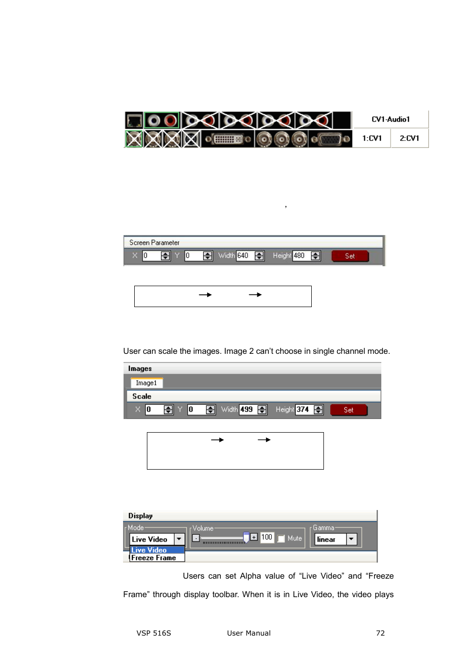 Screen parameter toolbar, Image toolbar, Display toolbar | Communication software guideline | RGBLink VSP 516S User Manual User Manual | Page 72 / 131