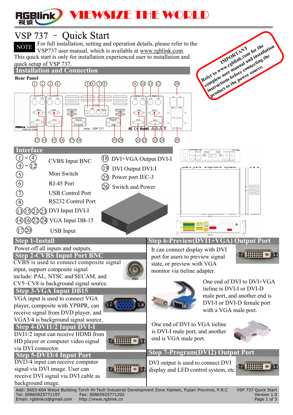 RGBLink VSP 737 Quick Start User Manual | 3 pages