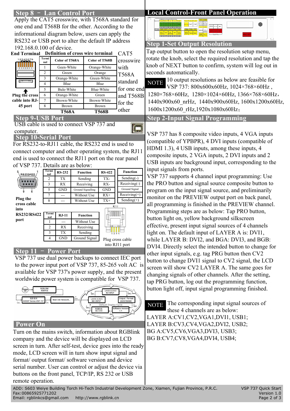 Step 11 power port, Step 1-set output resolution, Step 2-input signal programming | Step 10-serial port power on, Local control-front panel operation, Step 9-usb port, Step 8 lan control port, Usb cable is used to connect vsp 737 and computer | RGBLink VSP 737 Quick Start User Manual | Page 2 / 3