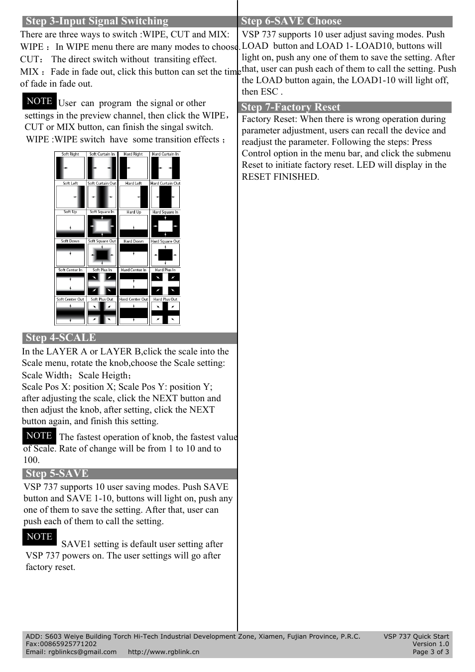 Step 4-scale, Step 5-save, Step 6-save choose | Step 7-factory reset step 3-input signal switching | RGBLink VSP 737 Quick Start User Manual | Page 3 / 3