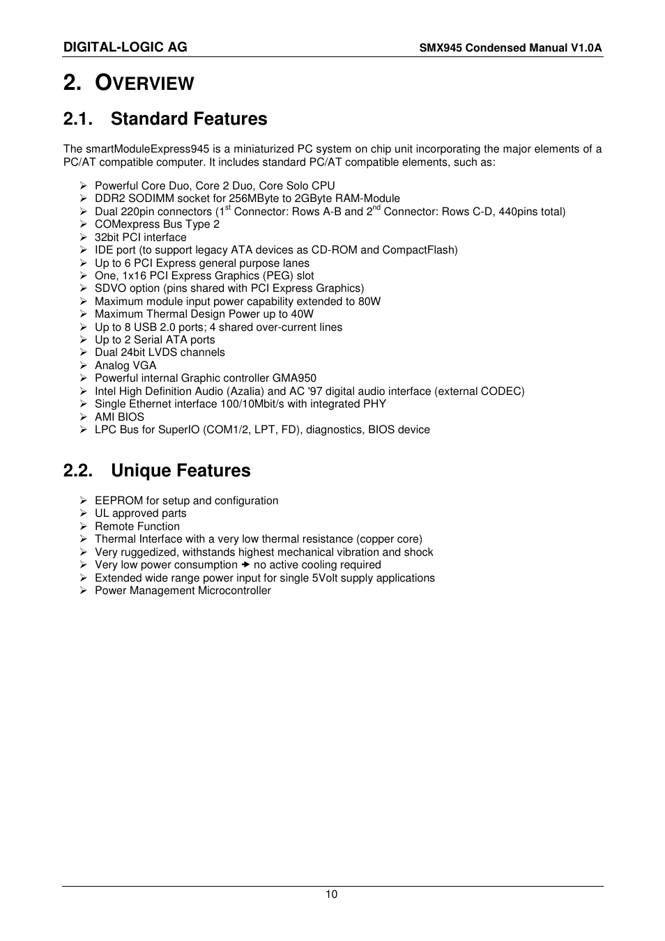 2 overview, 1 standard features, 2 unique features | Verview, Standard features, Unique features | Compaq SmartModule Express SMX945 User Manual | Page 10 / 21