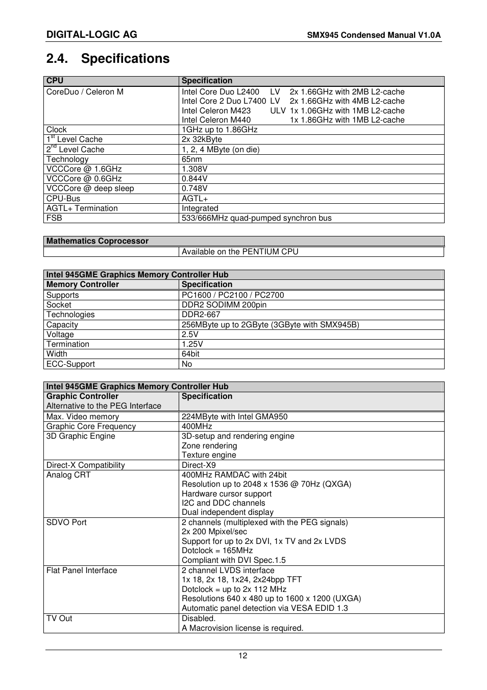 4 specifications, Specifications, Digital-logic ag | Compaq SmartModule Express SMX945 User Manual | Page 12 / 21