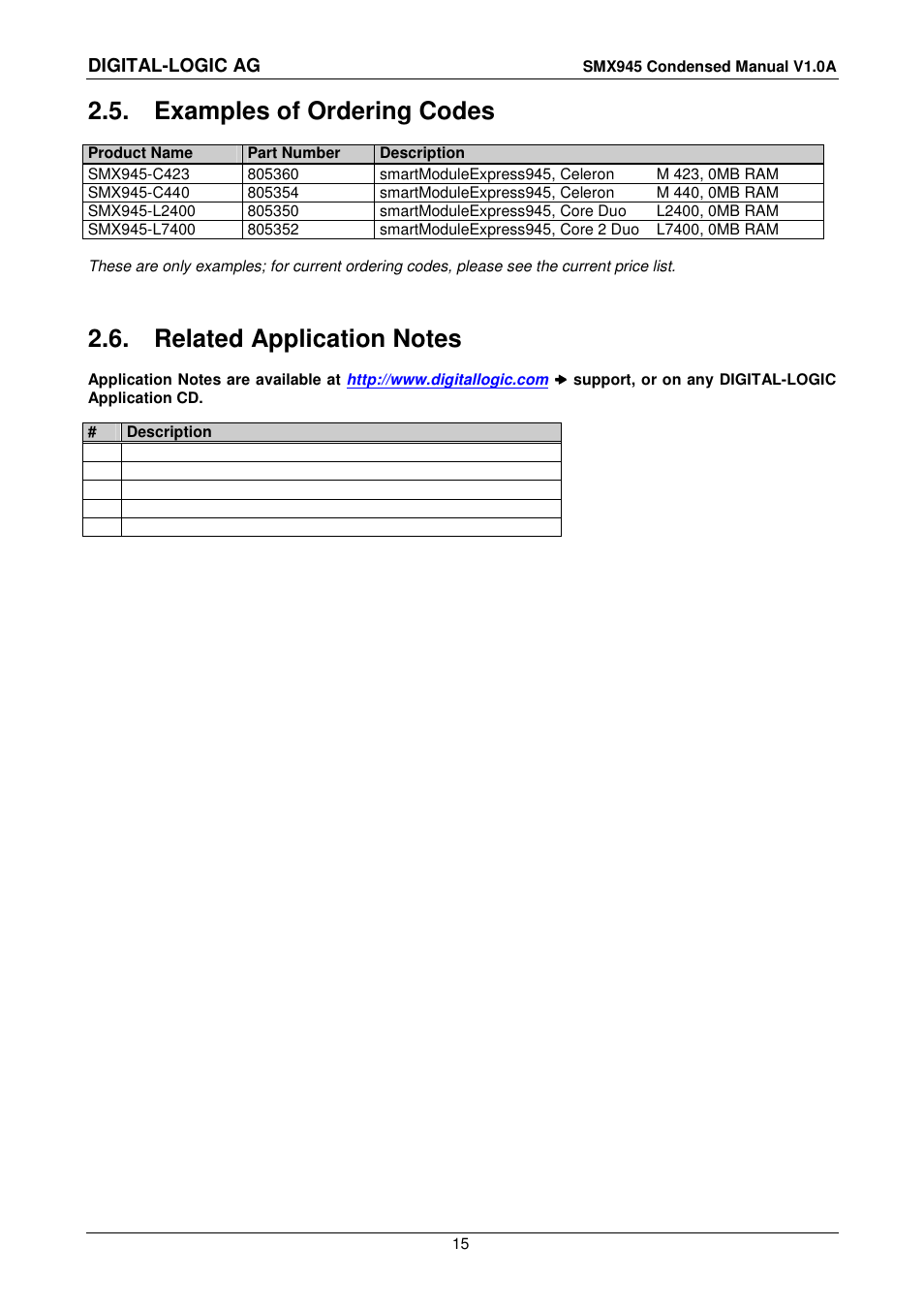 5 examples of ordering codes, 6 related application notes, Examples of ordering codes | Related application notes, Digital-logic ag | Compaq SmartModule Express SMX945 User Manual | Page 15 / 21