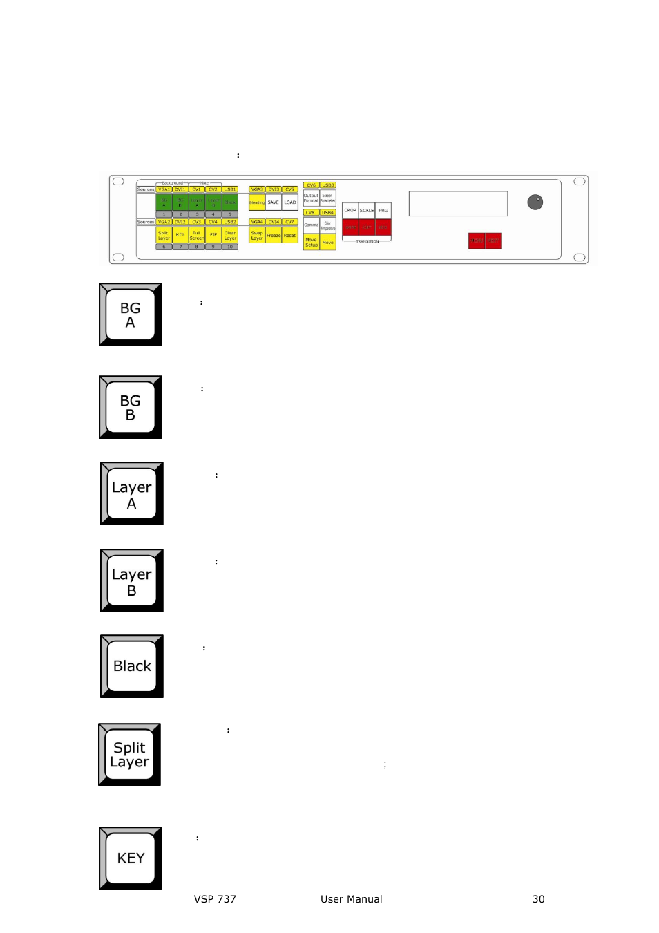 Buttons, Hardware orientation | RGBLink VSP 737 User Manual User Manual | Page 30 / 85