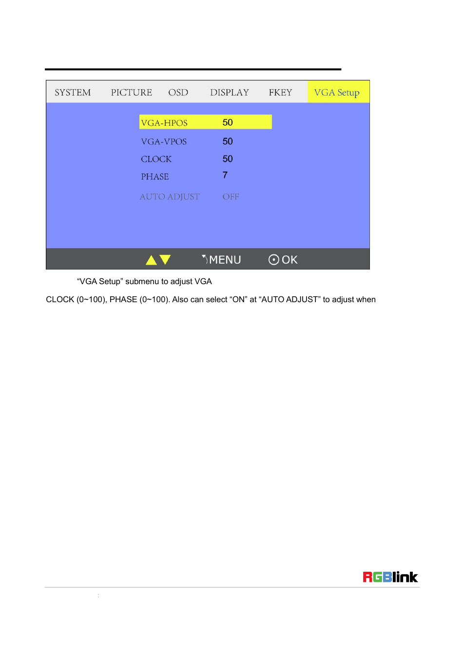 Vga setup submenu | RGBLink RMS 8424S Quick Start User Manual | Page 14 / 19