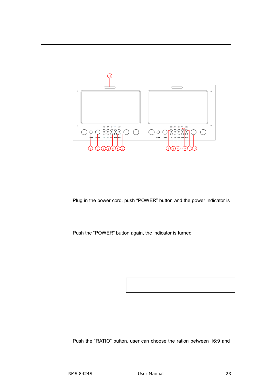 Rms 8424s front panel, Phone: 3.5mm earphone jack, Power: power on/off indicator | F1: user defined function key 1, F2: user defined function key 2, Ratio, Panel instruction | RGBLink RMS 8424S User Manual User Manual | Page 23 / 49