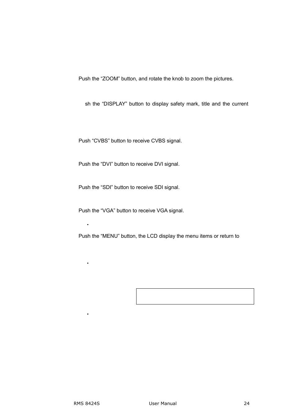 Zoom, Display: display current settings, Cvbs | Menu, 13．select and apply, 14．tally light, 12． menu, Panel instruction, 12 ． menu, 13 ． select and apply | RGBLink RMS 8424S User Manual User Manual | Page 24 / 49